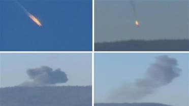A combination picture taken from video shows a war plane crashing in flames in a mountainous area in northern Syria after it was shot down by Turkish fighter jets near the Turkish-Syrian border November 24, 2015. (Reuters)
