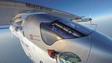 The 16th leg of the round-the-world-trip from Seville in Spain covered a distance of 2300 miles (3700 kilometers) and took almost 49 hours. The experimental airplane arrived in Egypt, Wednesday, July 13, 2016. (Andrè Borschberg/Global Newsroom via AP