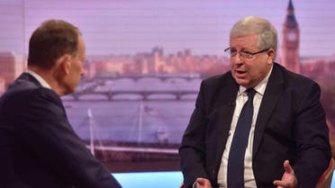 Patrick McLoughlin (R), chairman of Britain's Conservative Party is seen speaking on the BBC's Andrew Marr Show in this photograph received via the BBC in London, Britain July 24, 2016. Jeff Overs/Courtesy of the BBC/Handout via REUTERS ATTENTION EDITORS - THIS IMAGE HAS BEEN SUPPLIED BY A THIRD PARTY. NO COMMERCIAL OR BOOK SALES. NO ARCHIVES. FOR EDITORIAL USE ONLY. NOT FOR SALE FOR MARKETING OR ADVERTISING CAMPAIGNS. NO SALES