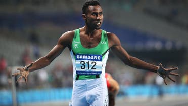 Saudi Arabia's Yousef Ahmed M Masrahi reacts after his Men's 400m Semifinal at the 17th Asian Games in Incheon, South Korea, Saturday, Sept. 27, 2014.(AP Photo/Rob Griffith)