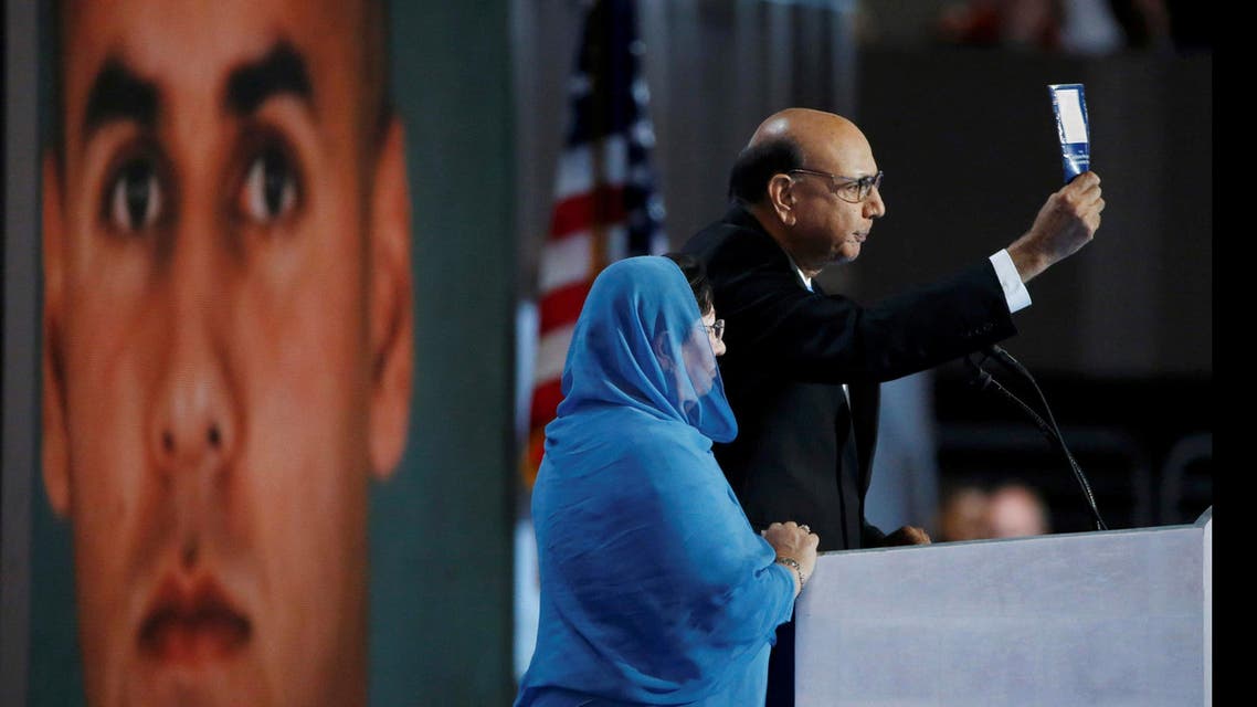 Khizr Khan, who's son Humayun (L) was killed serving in the U.S. Army, challenges Republican presidential nominee Donald Trump to read his copy of the U.S. Constitution, at the Democratic National Convention in Philadelphia. (Reuters)