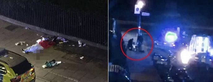 بعد أن شلّوه بالصعق الكهربائي واعتقلوه، والقتيلة الأميركية وقد غطوها بشرشف على الرصيف