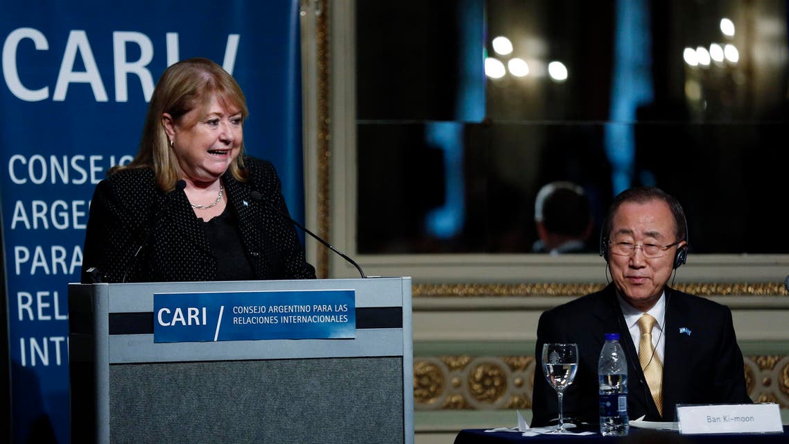 United Nations Secretary-General Ban Ki-moon listens as Argentina's Foreign Minister Susana Malcorra delivers remarks during a conference at the Argentine Council for International Relations or CARI, in Buenos Aires,