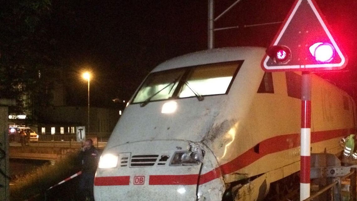This handout picture released by Swiss police of the Canton of Bern shows the front of a German ICE train that collided with a tourist car on May 20, 2016 in Interlaken. AFP