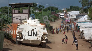 A UN armoured personnel vehicle stand in a refugee camp in Juba South Sudan. (File photo AP)