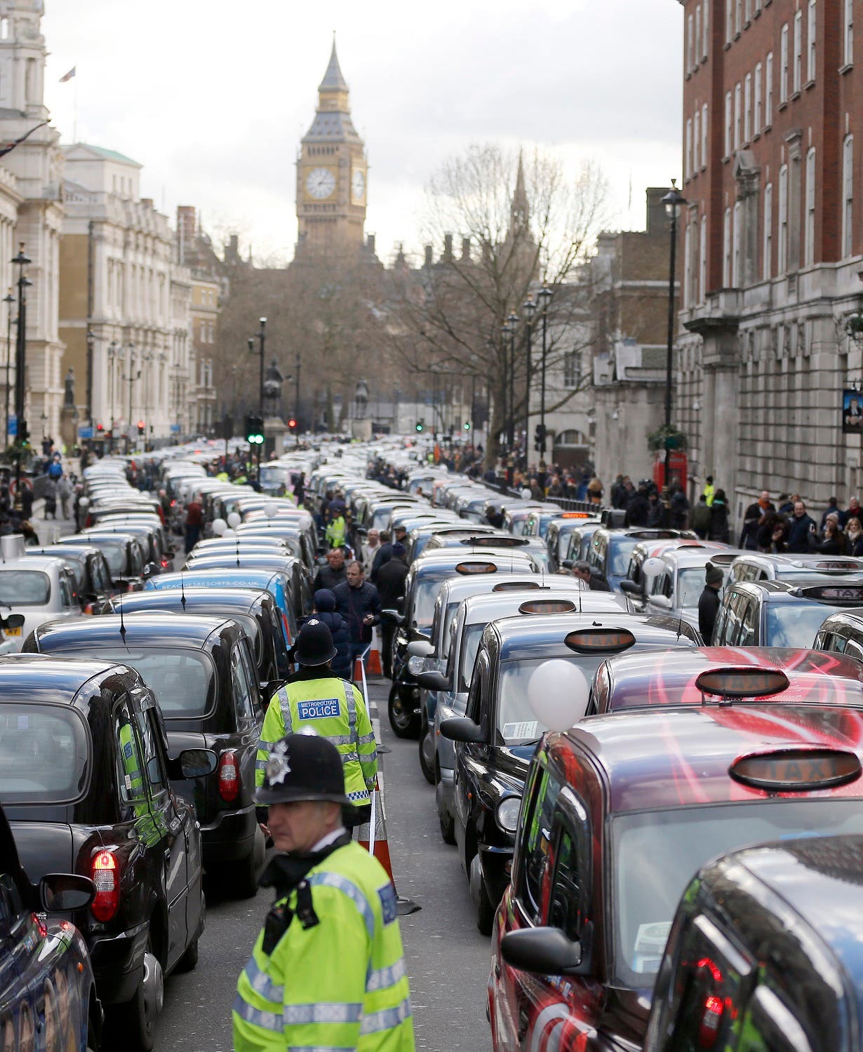 London taxis blocked the roads in central London in February as drivers were concerned with unfair competition from services such as Uber. (File photo: AP)