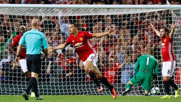 Manchester United's Zlatan Ibrahimovic celebrates scoring their first goal. REuters