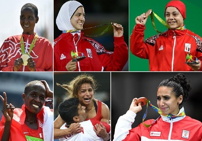 فوق من اليمين، المصريتان سارة سمير وهداية ملاك، وفي الأسفل التونسيتان مروى العمري وايناس البوبكري، ثم البحرينيتان روث جيبيت وأونيس كيروا