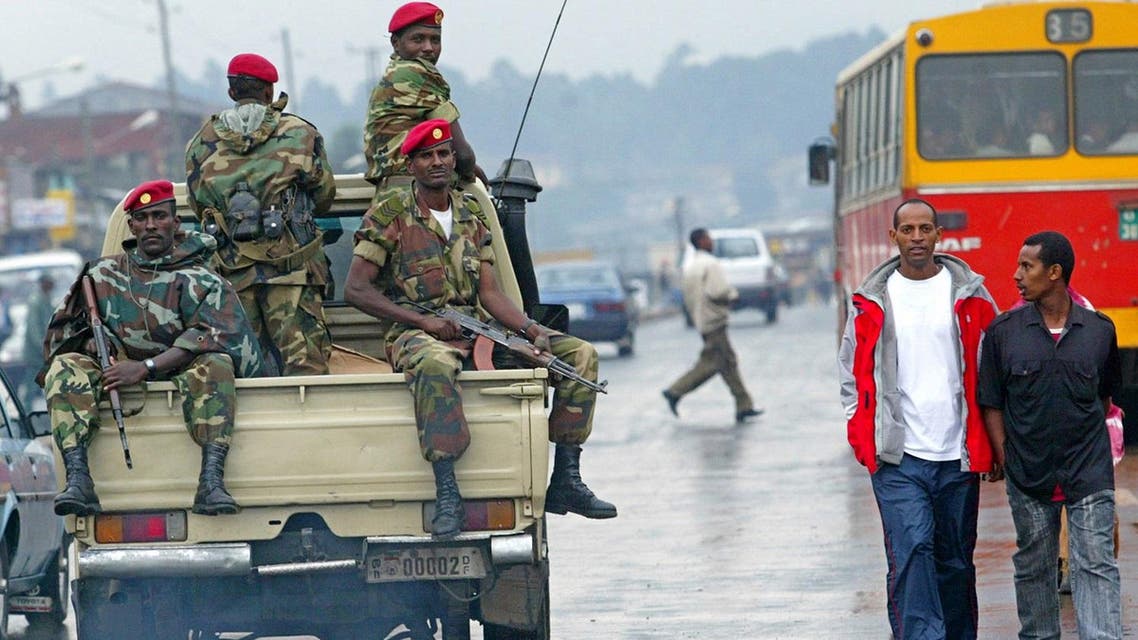In this June 10, 2005 file photo, members of the Ethiopian army patrol the streets of Addis Ababa, Ethiopia, after recent clashes with protesters. (AP)