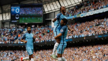  Manchester City's Raheem Sterling celebrates scoring their first goal. reuters