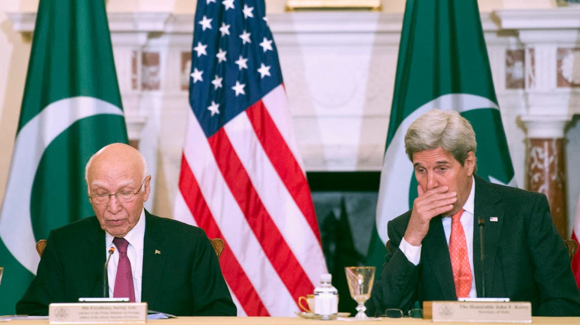 Secretary of State John Kerry and Pakistan Foreign Affairs Adviser Sartaj Aziz, participate in the U.S.-Pakistan Strategic Dialogue meeting at the State Department in Washington, Monday, Feb. 29, 2016. (AP Photo/Cliff Owen)
