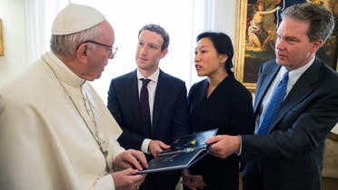 Pope Francis meets Facebook founder and CEO Mark Zuckerberg, second from left, and his wife Priscilla Chan, at the Santa Marta residence, the guest house in Vatican City where the pope lives, Monday, Aug. 29, 2016. (AP)