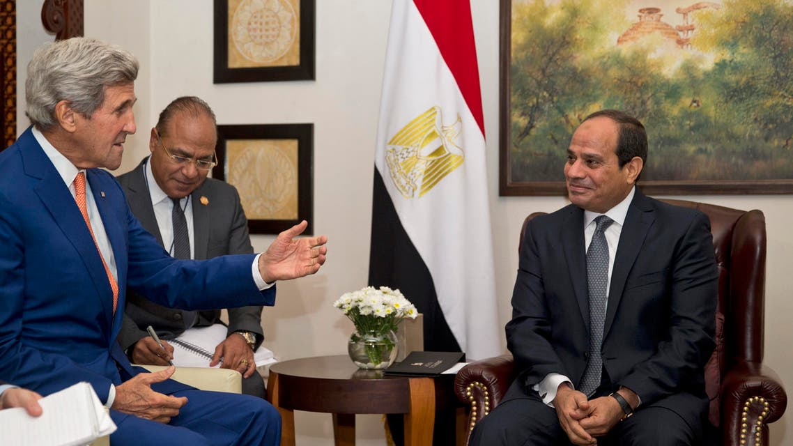 U.S. Secretary of State John Kerry, second left, meets Egyptian President Abdel Fattah El-Sisi, right, in New Delhi, India, Thursday, Sept. 1, 2016. (AP Photo/Saurabh Das, Pool)