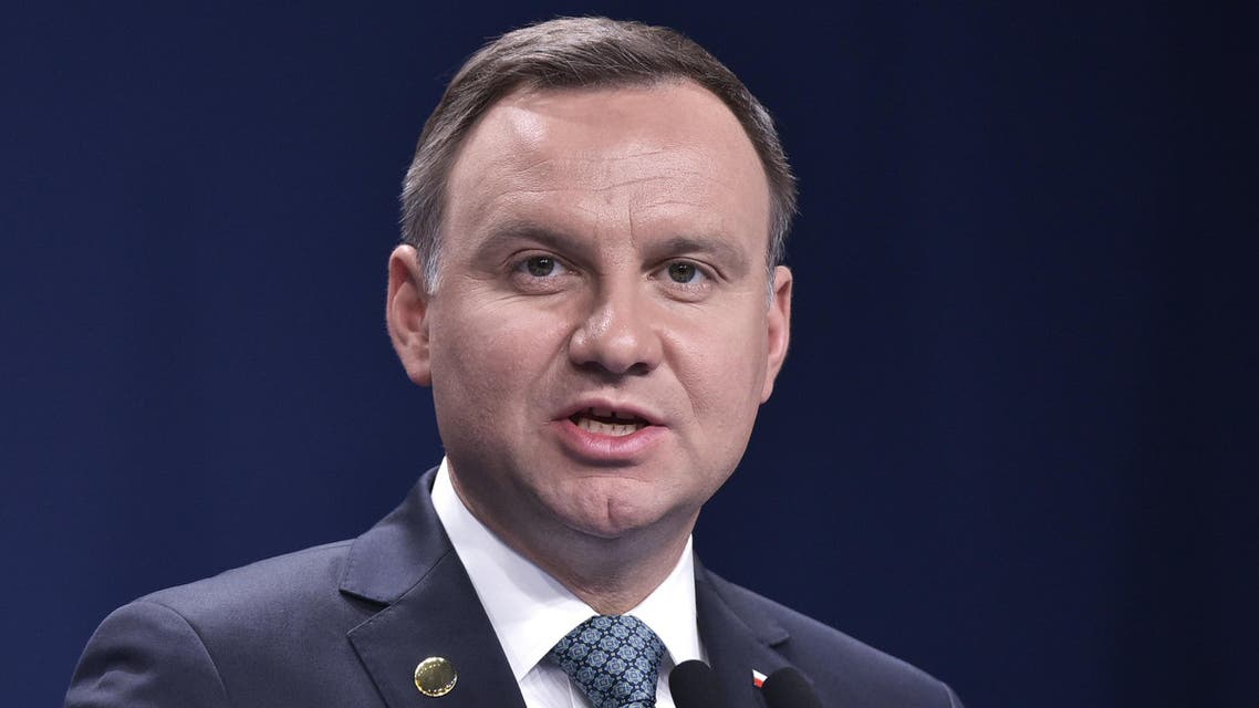 Poland's President Andrzej Duda speaks during commemorations marking the 70th anniversary of a massacre of Jews in Kielce, Poland, Monday, July 4, 2016. Duda has strongly condemned all forms of racism, xenophobia and anti-Semitism, saying there is no room in today's free Poland for those forms of prejudice.(AP Photo/Czarek Sokolowski)