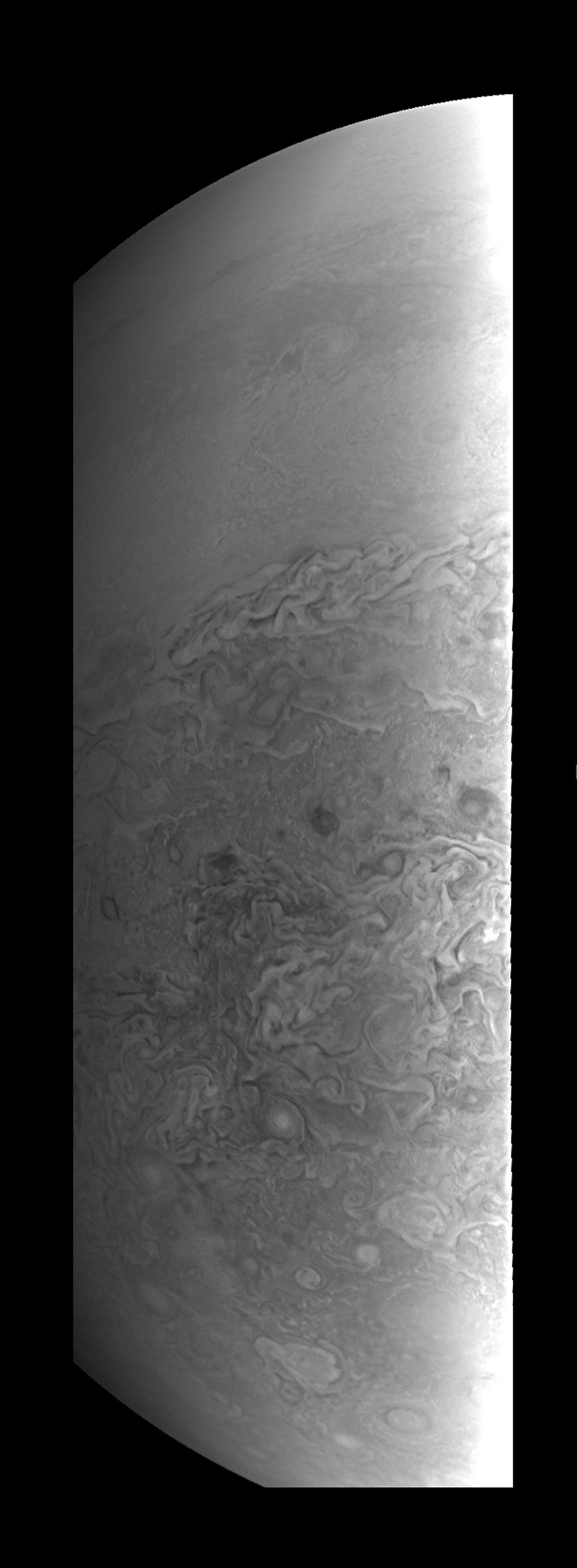 This image obtained from NASA provides a close-up view of Jupiter's southern hemisphere, as seen by NASA's Juno spacecraft on August 27, 2016. The JunoCam instrument captured this image with its red spectral filter when the spacecraft was about 23,600 miles (38,000 kilometers) above the cloud tops. HO / NASA / AFP