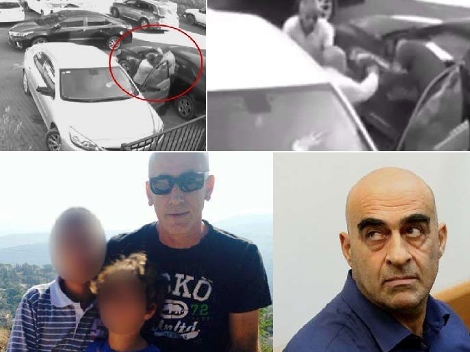 الجريمة بصورتين، وفي الأسفل من اليمين، رئيس البلدية سلمان عامر، ثم ضحيته المقاول منير نبواني