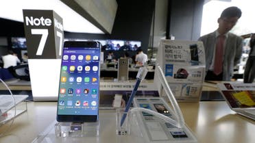 In this Sept. 8, 2016 photo, a Samsung Electronics’ Galaxy Note 7 smartphone is displayed at the headquarters of South Korean mobile carrier KT in Seoul, South Korea. (AP)