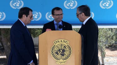 Cypriot President Nicos Anastasiades, left, breakaway Turkish Cypriot leader Mustafa Akinci, right, and UN Special Advisor of the Secretary-General Espen Barth Eide are seen during a statement after Their talks aimed at reunifying the ethnically divided island (Photo: AP /Petros Karadjias)