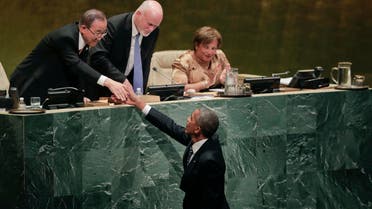 United States President Barack Obama (right), greets Secretary-General Ban Ki-moon (left), and General Assembly president Peter Thomson after speaking at the 71st session of the United Nations General Assembly, Tuesday, Sept. 20, 2016, at UN headquarters. AP