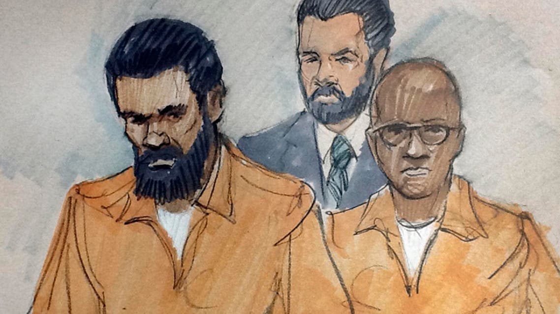 In this March 26, 2015, file courtroom sketch, Jonas Edmonds (left), and his cousin Hasan Edmonds (right), stand in front of an FBI agent as they appear at a hearing at federal court in Chicago following their arrests. (AP)