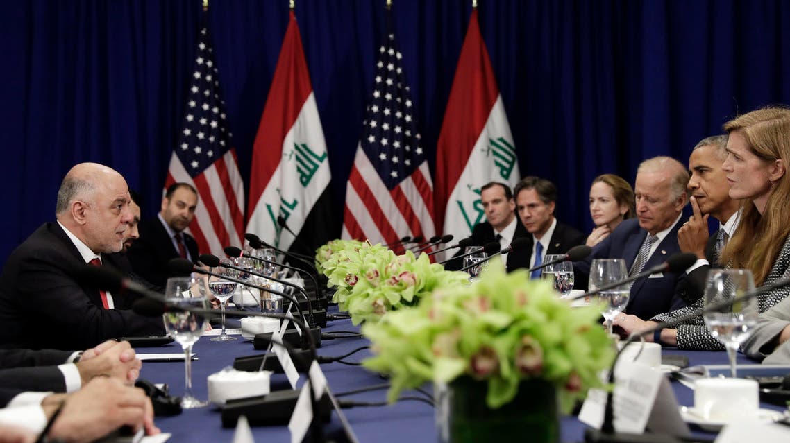 President Barack Obama, second from right, joined by Vice President Joe Biden, third from right, United States United Nations Ambassador Samantha Power, right, and others, looks to Iraqi Prime Minister Haider al-Abadi, left, as he speaks to media during a bilateral meeting at the Lotte New York Palace Hotel in New York, Sept. 19, 2016. (AP )