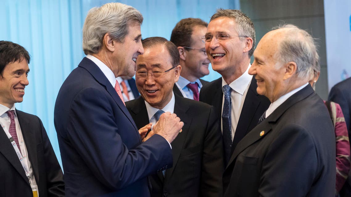 U.S. Secretary of State John Kerry, second left, talks with United Nations Secretary General Ban Ki-moon, third left, NATO Secretary General Jens Stoltenberg, second right, and Prince Aga Khan during a Conference on Afghanistan in Brussels, Wednesday, Oct. 5, 2016. AP