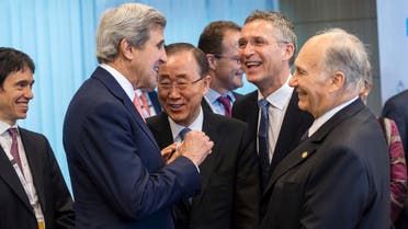 U.S. Secretary of State John Kerry, second left, talks with United Nations Secretary General Ban Ki-moon, third left, NATO Secretary General Jens Stoltenberg, second right, and Prince Aga Khan during a Conference on Afghanistan in Brussels, Wednesday, Oct. 5, 2016. AP