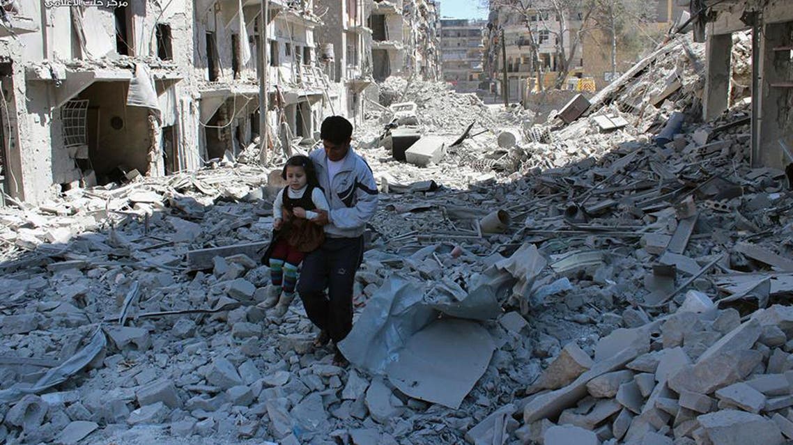  In This April 21, 2014, file photo, provided by the anti-government activist group Aleppo Media Center (AMC), which has been authenticated based on its contents and other AP reporting, shows a Syrian man holding a girl as he stands on the rubble of houses that were destroyed by Syrian government forces air strikes in Aleppo, Syria. AP