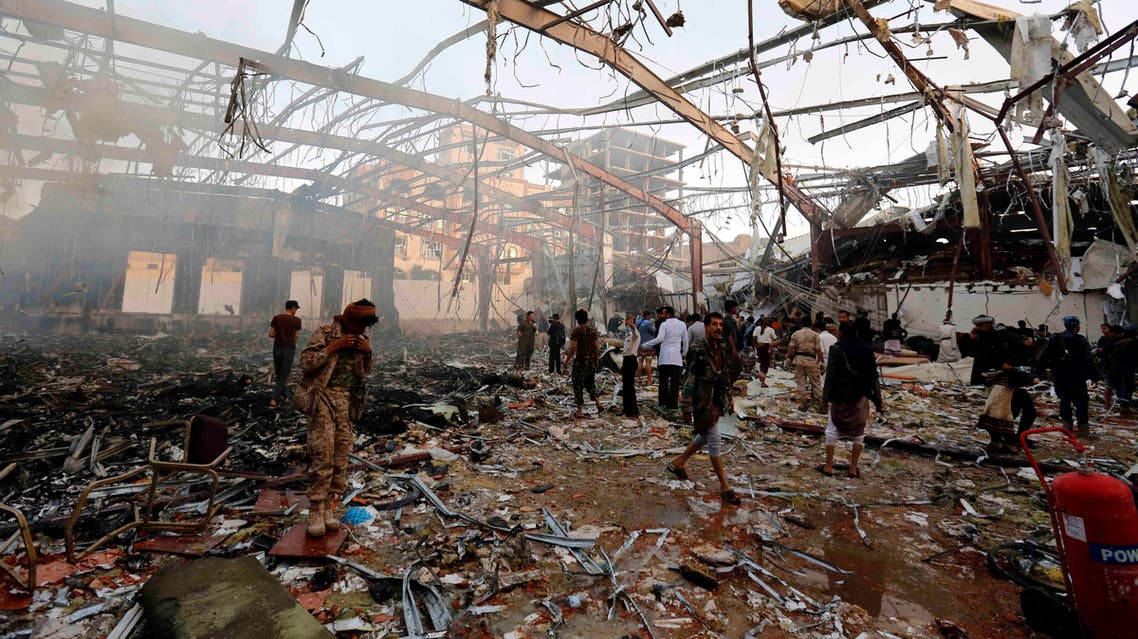 Yemeni security and medical officials say at least 45 people have been killed in a Saudi-led coalition airstrike that targeted a funeral hall in the capital, Sanaa. The officials say at least another 100 have been wounded in the Saturday strike. (AP)