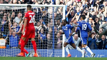 Chelsea's Victor Moses celebrates after he scores his sides 3rd goal of the game during the English Premier League soccer match between Chelsea and Leicester City, at Stamford Bridge stadium in London, Saturday, Oct. 15, 2016. AP