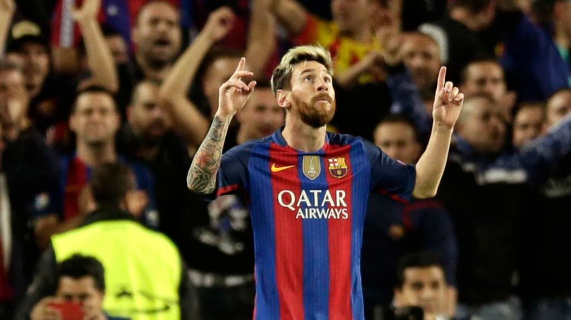 Barcelona's Lionel Messi celebrates scoring his side's 3rd goal during a Champions League, Group C soccer match between Barcelona and Manchester City, at Camp Nou stadium in Barcelona, Wednesday, Oct. 19, 2016. (AP