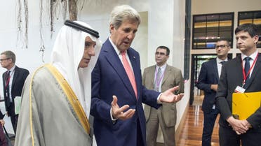 US Secretary of State John Kerry (R) speaks with Saudi Arabia's Foreign Minister Adel al-Jubeir (L) during an international and interministerial meeting in Paris on June 3, 2016. (AFP)