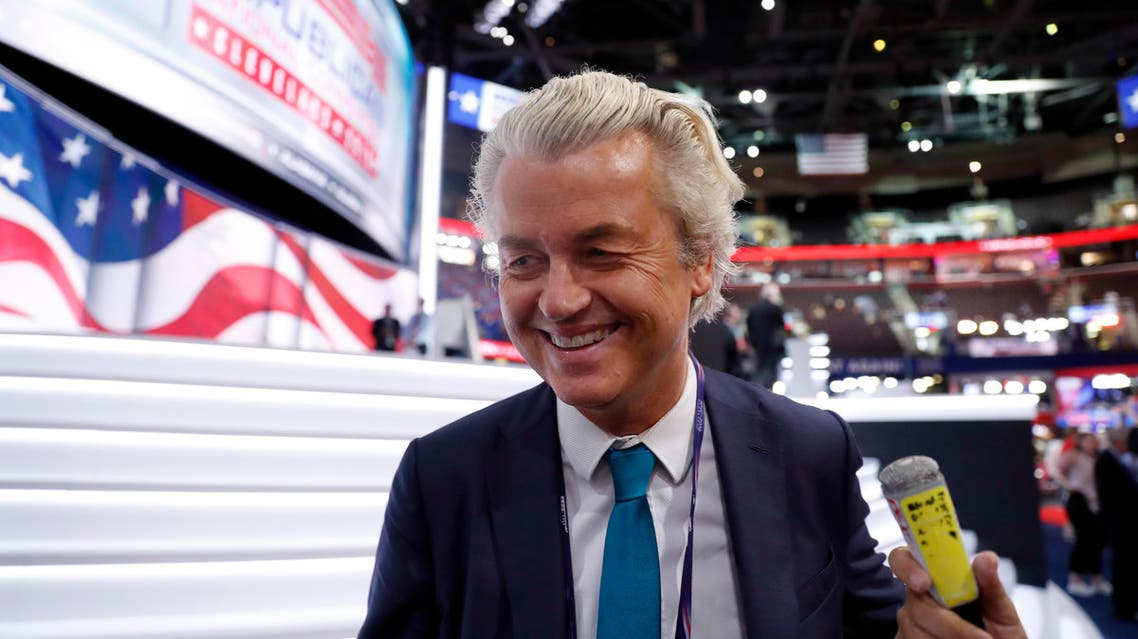 Geert Wilders talks to reporters as he arrives at Quicken Loans Arena before the start of the second day session of the Republican National Convention in Cleveland, July 19, 2016. (AP)