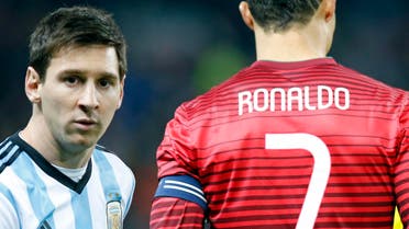 Lionel Messi of Argentina, left, stands next to Cristiano Ronaldo of Portugal before their International Friendly soccer match at Old Trafford Stadium, Manchester, England, Tuesday Nov. 18, 2014. (AP 