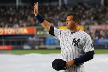 New York Yankees designated hitter Alex Rodriguez (13) acknowledges the crowd before his last game as a Yankee against the Tampa Bay Rays at Yankee Stadium. Mandatory Credit: Anthony Gruppuso-USA TODAY Sports 