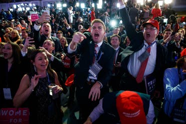 Supporters of Republican presidential candidate Donald Trump cheer as they watch election returns during an election night rally, Tuesday, Nov. 8, 2016, in New York. (AP)