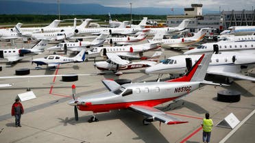 File photo of planes lined up outside the Geneva Palexpo prior to the upcoming European Business Aviation Convention & Exhibition, EBACE, in Geneva, Switzerland. (AP)