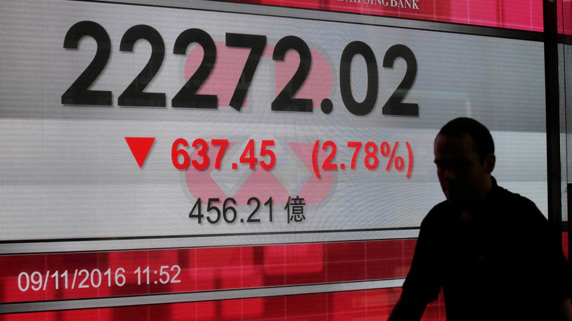 A man walks past a display of the Hang Seng Index at a bank in Hong Kong Wednesday, Nov. 9, 2016. (AP)