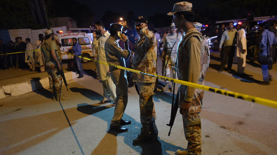 Pakistani rangers cordon the area after an attack on Imambargah (Shia mosque) in Karachi on October 17, 2016