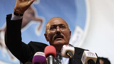Former Yemen's President Ali Abdullah Saleh waves to supporters during a ceremony marking the 30th anniversary of his General People's Congress party (GPC) establishment in Sanaa, Yemen, Monday, Sept. 3, 2012. AP