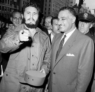 Cuban Prime Minister Fidel Castro, left, and Gamal Abdel Nasser are seen outside the UAR's headquarters in New York, Sept. 28, 1960, after a two-hour conference. (AP Photo/Hans Von Nolde)