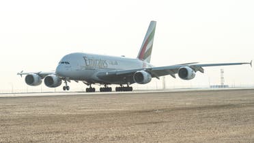The Emirates A380 lands at Hamad International Airport, Doha. (Supplied)