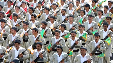 A file photo of a group of the Iranian Kurds, members of the Basij paramilitary force, march during an annual military parade (Photo: AP/Ebrahim Noroozi)