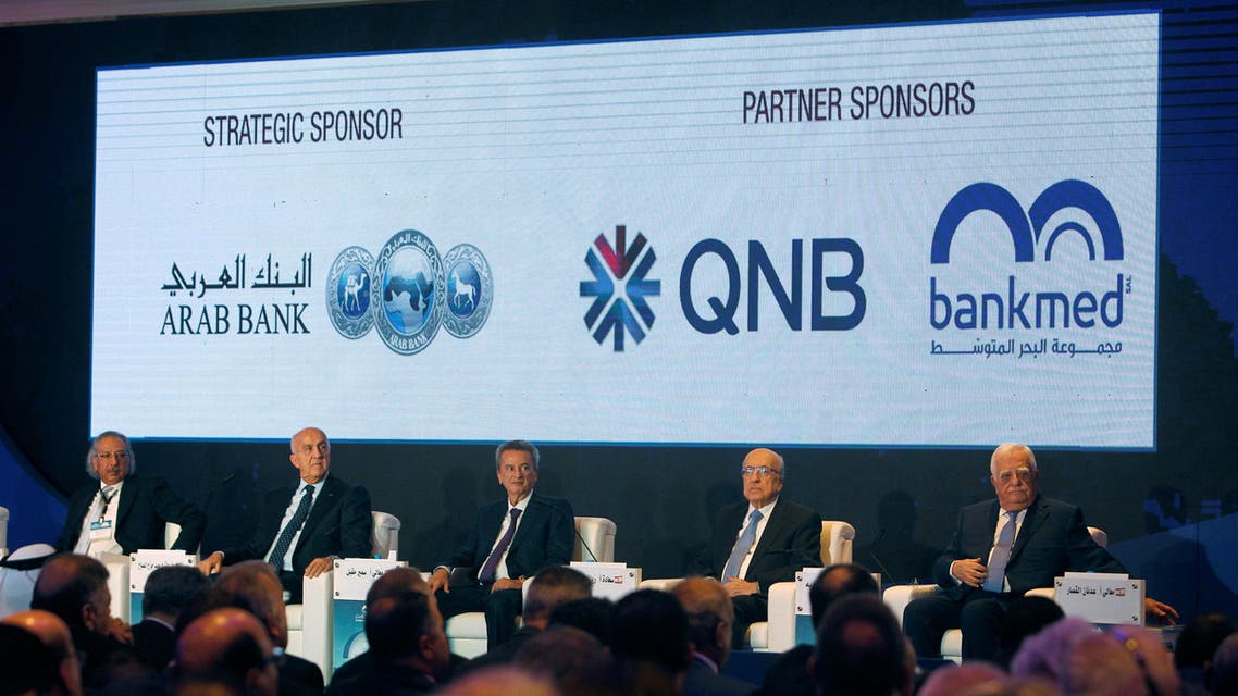 Chairman of the Union of Arab Banks Sheikh Mohamed el-Jarrah el-Sabbah, Lebanese Deputy Prime Minister and Defense Minister Samir Moqbel, Lebanon's Central Bank Governor Riad Salameh, President of the Association of Banks in Lebanon Joseph Torbey and Head of Lebanon's Economic Organization Adnan Kassar attend the opening of the Annual Arab Banking Conference in Beirut, Lebanon November 24, 2016. reuters