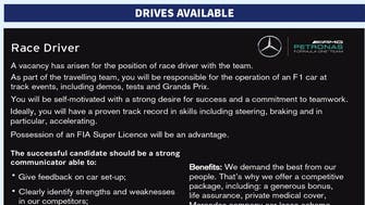 Mercedes runs job ad for F1 driver with ‘proven track record’