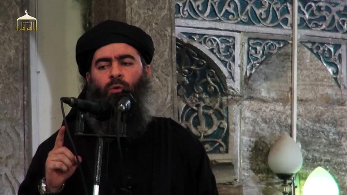 This file photo taken on July 5, 2014 shows the leader of the Islamic State, Abu Bakr al-Baghdadi, speaking in Mosul. (AFP)