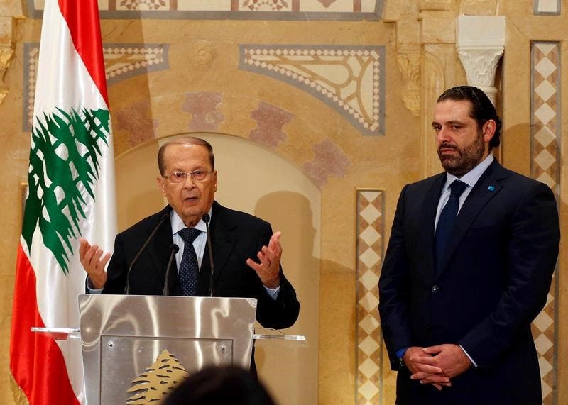 Lebanese President Michel Aoun (left) and Prime Minister Saad Hariri during the October press conference in Beirut on October 20 2016. Photograph: Mohamed Azakir - Reuters.