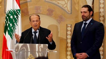 Lebanese President Michel Aoun (left) and Prime Minister Saad Hariri during the October press conference in Beirut on October 20 2016. Photograph: Mohamed Azakir - Reuters.