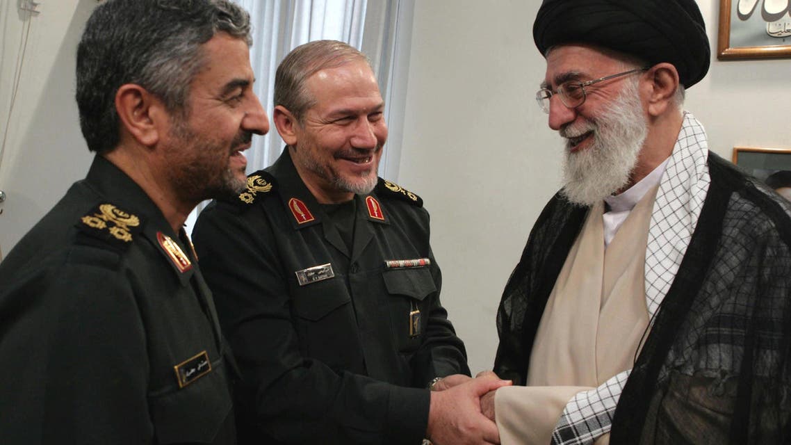 Iranian Supreme Leader Ayatollah Ali Khamenei, right, shakes hands with former head of Revolutionary Guard, Major General Yahya Rahim Safavi, after awarding the rank of Major General to new head of Revolutionary Guard Mohammad Ali Jafari, left, in Tehran, Sept. 3, 2007. (File photo: AP)