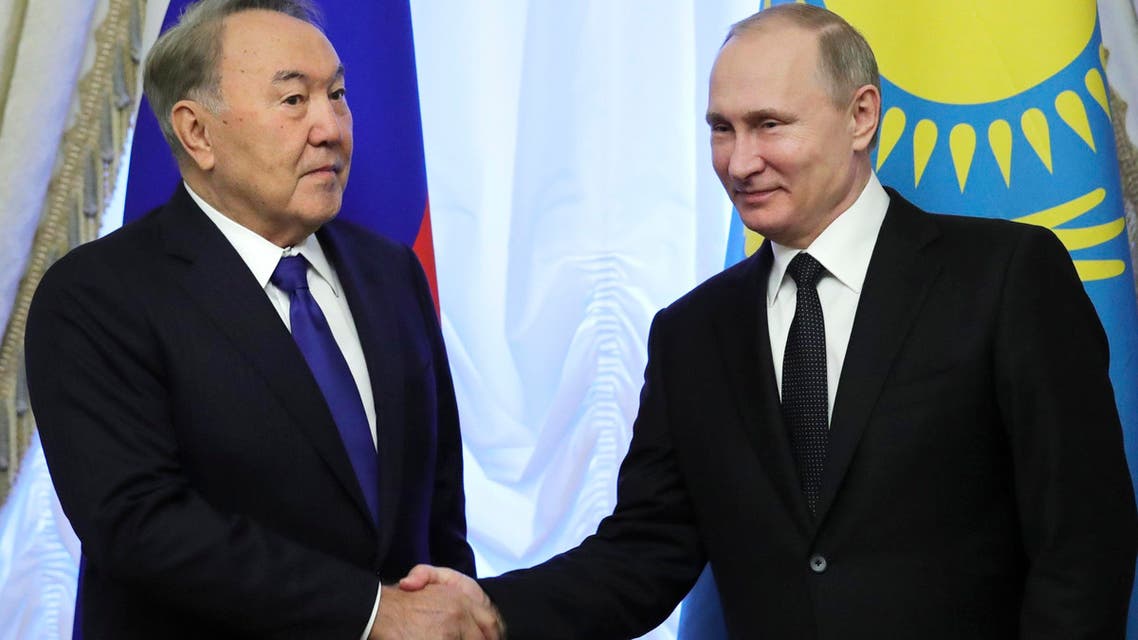Russian President Vladimir Putin, right, and Kazakh President Nursultan Nazarbayev shake hands prior a Session of Collective Security Treaty Organization (CSTO) meeting on Dec. 26, 2016 in St. Petersburg, Russia. (AP)